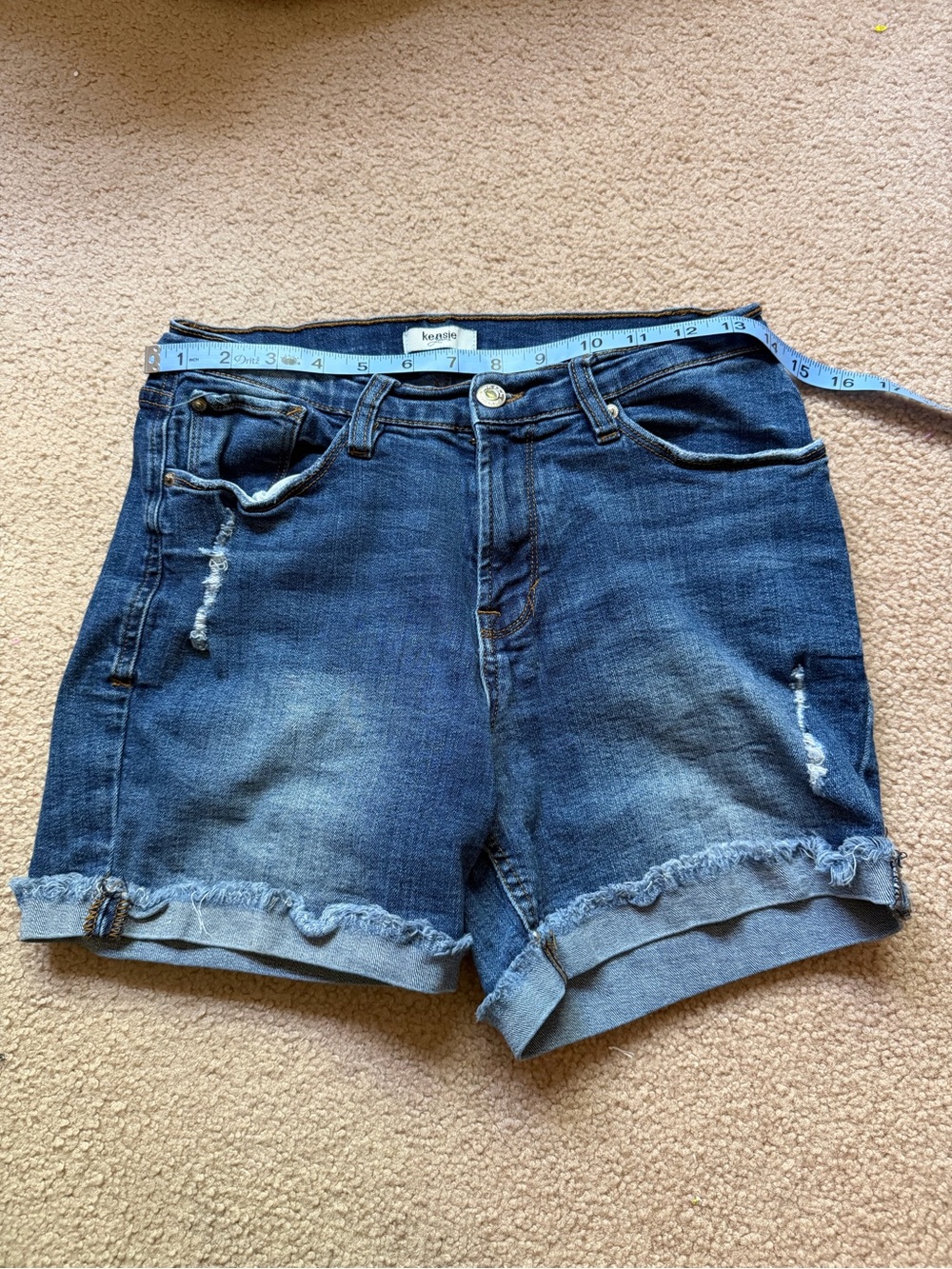 Kensie Women’s Mid-Rise Distressed Blue Denim Jean Shorts with Cuffed Hem